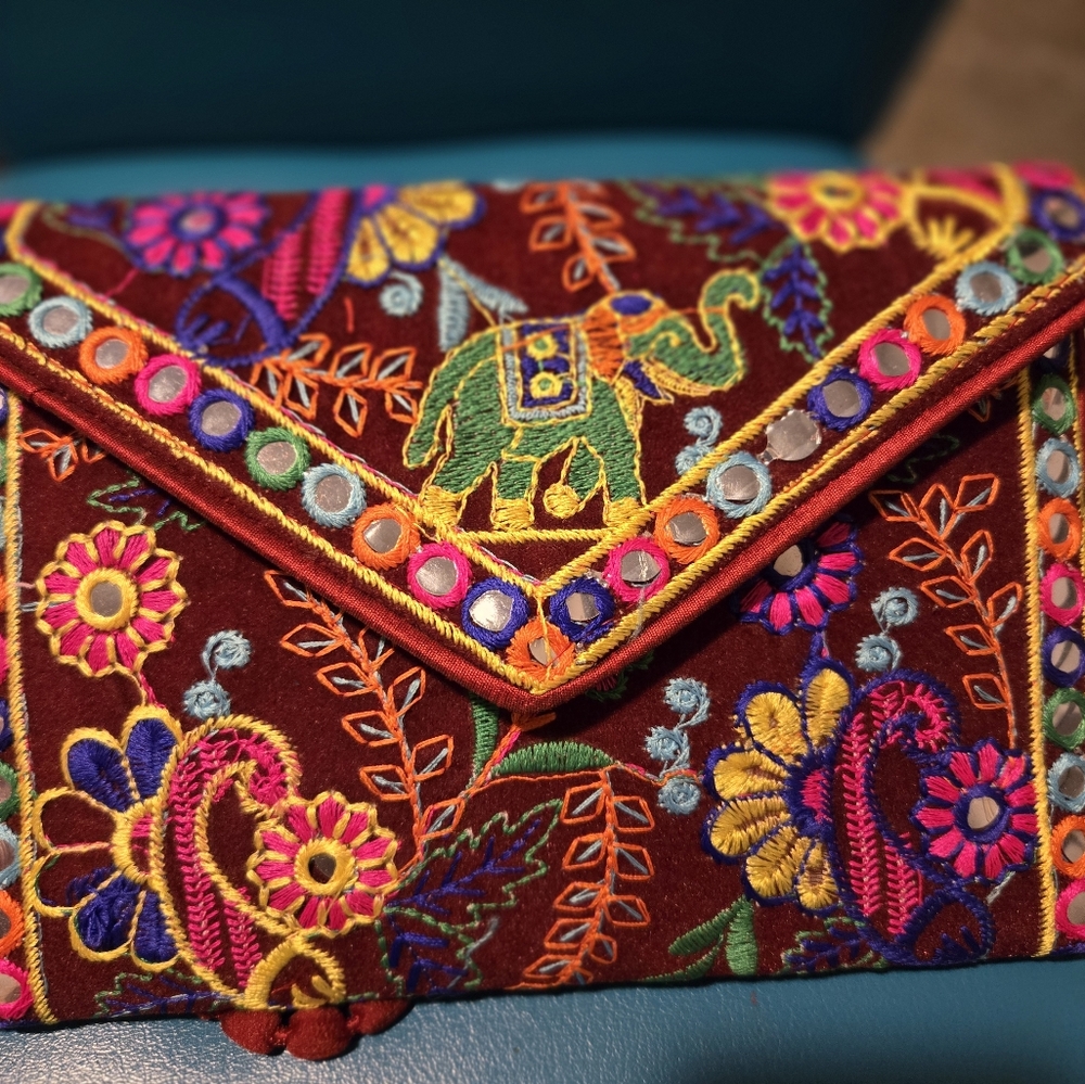 Cute Embroidered Clutch Purse With Elephants.